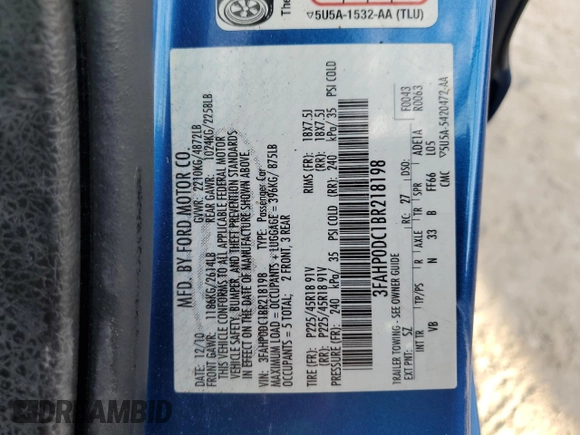 2011 Ford Fusion SPORT with VIN 3FAHP0DC1BR218198, listed as a Copart auction lot 42527465 with 126,250 mi miles and Salvage Title. Bid and sale history available at carsss.com. Image 13.