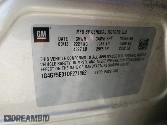 2013 Buick LaCrosse Premium 1 with VIN 1G4GF5E31DF271662, listed as a Copart auction lot 48578955 with 98,923 mi miles and Salvage title. Bid and sale history available at DreamBid. Image 15.