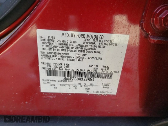 2019 Ford EcoSport SE with VIN MAJ6S3GL0KC259861, listed as a Copart auction lot 48297325 with 21,609 mi miles and Salvage Title. Bid and sale history available at carsss.com. Image 13.