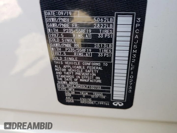 2020 Infiniti QX50 LUXE with VIN 3PCAJ5M32LF102733, listed as a Copart auction lot 46073343 with 23,978 mi miles. Bid and sale history available at carsss.com. Image 12.