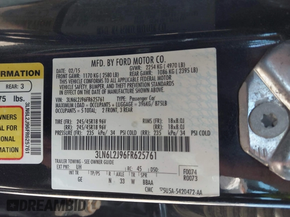 2015 Lincoln MKZ with VIN 3LN6L2J96FR625761, listed as a IAAI auction lot 42235387 with 132,183 mi miles and . Bid and sale history available at DreamBid. Image 9.