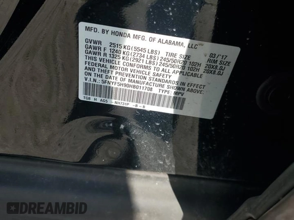 2017 Honda Pilot Touring with VIN 5FNYF5H90HB011708, listed as a Copart auction lot 46991655 with 159,953 mi miles and Salvage Title. Bid and sale history available at carsss.com. Image 14.