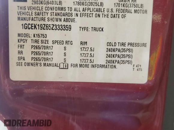 2005 Chevrolet Silverado 1500 Z71 with VIN 1GCEK19Z65Z333359, listed as a Copart auction lot 55094185 with 303,261 mi miles and Non Repairable. Bid and sale history available at DreamBid. Image 12.