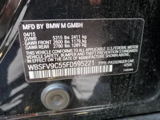 2015 BMW M5 with VIN WBSFV9C55FD595221, listed as a Copart auction lot 56251524 with 38,648 mi miles and Salvage Title. Bid and sale history available at carsss.com. Image 14.