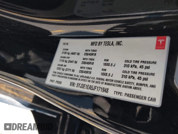 2018 Tesla Model 3 Long Range Battery with VIN 5YJ3E1EA5JF171948, listed as a IAAI auction lot 41993887 with 42,370 mi miles and . Bid and sale history available at DreamBid. Image 9.