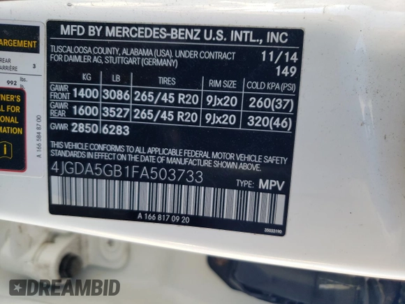 2015 Mercedes-Benz M 400 with VIN 4JGDA5GB1FA503733, listed as a Copart auction lot 42324685 with 122,478 mi miles and Clean Title. Bid and sale history available at DreamBid. Image 13.