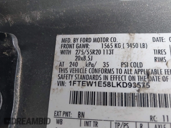 2020 Ford F-150 XL with VIN 1FTEW1E58LKD93575, listed as a IAAI auction lot 42067846 with 65,686 mi miles. Bid and sale history available at carsss.com. Image 9.