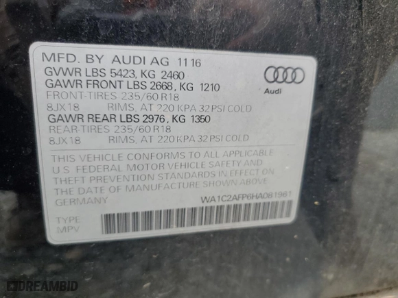 2017 Audi Q5 Premium with VIN WA1C2AFP6HA081961, listed as a Copart auction lot 50411425 with 108,439 mi miles and Salvage Title. Bid and sale history available at carsss.com. Image 16.