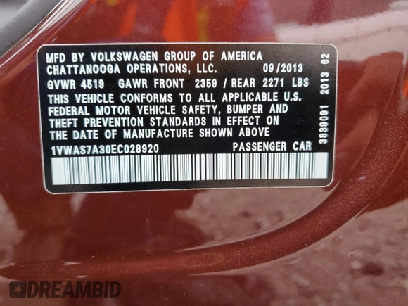 2014 Volkswagen Passat Wolfsburg Edition with VIN 1VWAS7A30EC028920, listed as a Copart auction lot 57174285 with 129,797 mi miles and Salvage title. Bid and sale history available at DreamBid. Image 12.