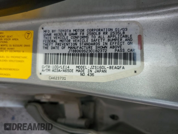 2003 Lexus GS 300 z VIN JT8BD69S230182372, wystawiony jako Copart lot #47847205 z przebiegiem Nie podano mil oraz Szkoda całkowita • Salvage title. Historia ofert i sprzedaży dostępna na DreamBid. Obrazek 12.