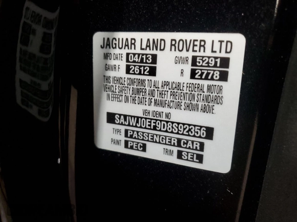 2013 Jaguar XF SC with VIN SAJWJ0EF9D8S92356, listed as a Copart auction lot 54209125 with 105,600 mi miles and Salvage Title. Bid and sale history available at DreamBid. Image 12.