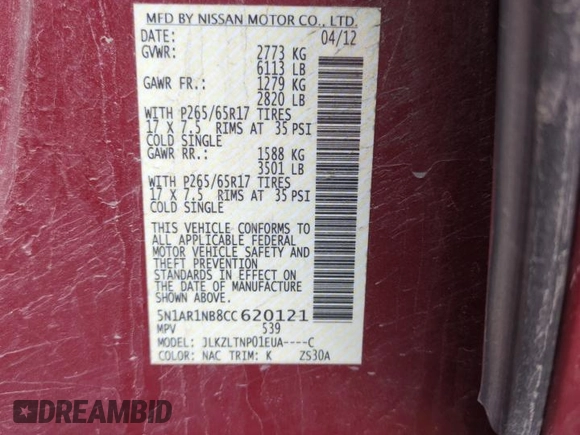 2012 Nissan Pathfinder LE z VIN 5N1AR1NB8CC620121, wystawiony jako Copart lot #49043395 z przebiegiem 179 919 mil mil oraz Szkoda całkowita • Salvage title. Historia ofert i sprzedaży dostępna na DreamBid. Obrazek 13.