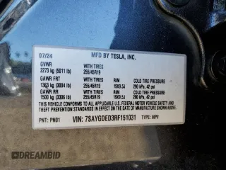2024 Tesla Model Y with VIN 7SAYGDED3RF151031, listed as a Copart auction lot 49494165 with 7,503 mi miles and Salvage Title. Bid and sale history available at DreamBid. Image 16.