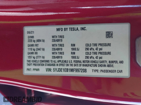 2021 Tesla Model 3 Long Range z VIN 5YJ3E1EB1MF997208, wystawiony jako IAAI lot #41944276 z przebiegiem 110 361 mil mil oraz . Historia ofert i sprzedaży dostępna na DreamBid. Obrazek 9.