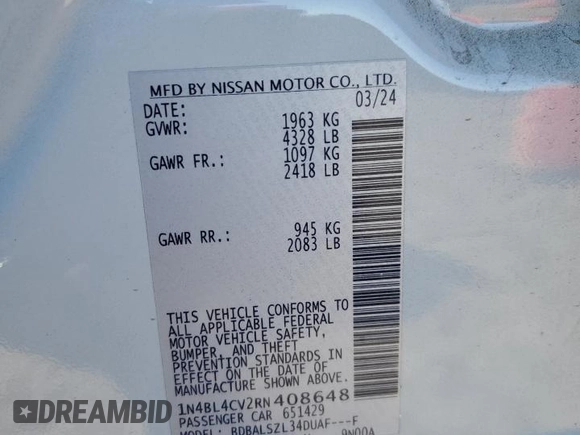 2024 Nissan Altima SR with VIN 1N4BL4CV2RN408648, listed as a Copart auction lot 49713425 with 15,704 mi miles and Salvage Title. Bid and sale history available at DreamBid. Image 14.