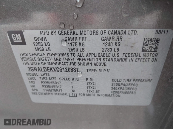 2012 Chevrolet Equinox LT w/1LT with VIN 2GNALDEKXC6120887, listed as a IAAI auction lot 42027757 with 239,970 mi miles. Bid and sale history available at carsss.com. Image 9.