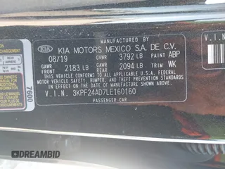 2020 Kia Forte LXS with VIN 3KPF24AD7LE160160, listed as a IAAI auction lot 41785749 with 55,988 mi miles. Bid and sale history available at carsss.com. Image 9.