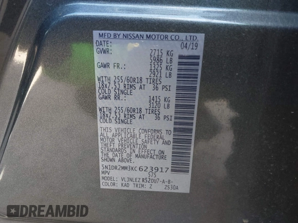 2019 Nissan Pathfinder S with VIN 5N1DR2MM3KC623917, listed as a IAAI auction lot 41661193 with 92,345 mi miles and . Bid and sale history available at DreamBid. Image 9.