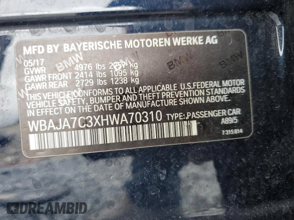 2017 BMW 5 Series 530i xDrive with VIN WBAJA7C3XHWA70310, listed as a Copart auction lot 52139025 with 56,498 mi miles and Clean Title. Bid and sale history available at carsss.com. Image 13.