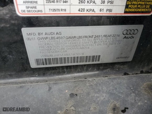 2011 Audi A3 2.0 TDI Premium with VIN WAUBJAFM3BA167078, listed as a Copart auction lot 86637934 with 158,207 mi miles and Salvage Title. Bid and sale history available at carsss.com. Image 12.