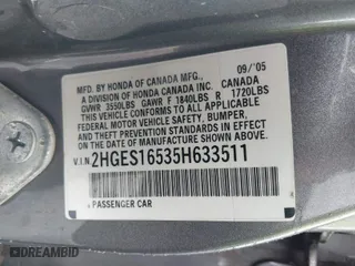 2005 Honda Civic Sdn LX with VIN 2HGES16535H633511, listed as a IAAI auction lot 42055256 with 184,648 mi miles. Bid and sale history available at carsss.com. Image 9.