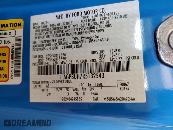 2024 Ford Mustang EcoBoost with VIN 1FAGP8UH7R5132543, listed as a Copart auction lot 60214145 with 21,728 mi miles and Clean title. Bid and sale history available at DreamBid. Image 12.