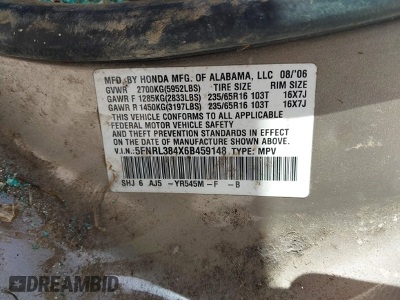 2006 Honda Odyssey EX z VIN 5FNRL384X6B459148, wystawiony jako IAAI lot #41747616 z przebiegiem 158 995 mil mil oraz . Historia ofert i sprzedaży dostępna na DreamBid. Obrazek 9.