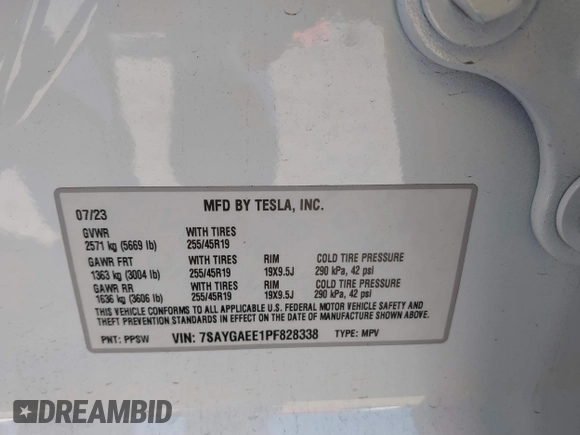 2023 Tesla Model Y Long Range with VIN 7SAYGAEE1PF828338, listed as a IAAI auction lot 40978725 with Not Provided miles and . Bid and sale history available at DreamBid. Image 9.