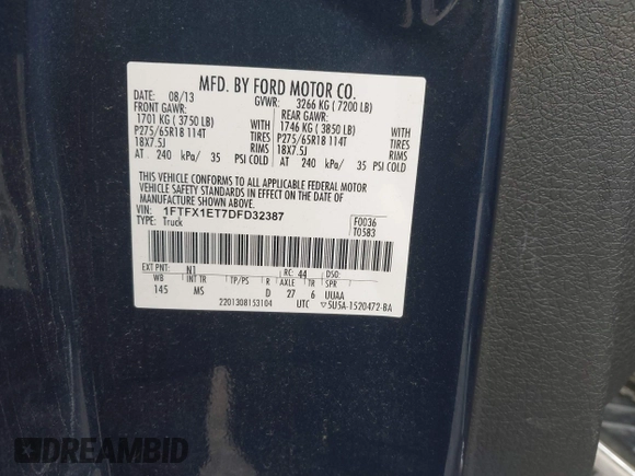 2013 Ford F-150 XL z VIN 1FTFX1ET7DFD32387, wystawiony jako IAAI lot #42275480 z przebiegiem 97 351 mil mil oraz . Historia ofert i sprzedaży dostępna na DreamBid. Obrazek 9.