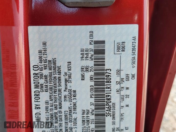 2020 Ford Fusion Titanium with VIN 3FA6P0K91LR180973, listed as a Copart auction lot 60023215 with 26,615 mi miles and Salvage title. Bid and sale history available at DreamBid. Image 13.