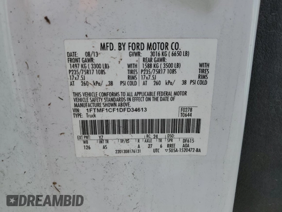2013 Ford F-150 XL with VIN 1FTMF1CF1DFD34613, listed as a Copart auction lot 44708975 with Not provided miles and Salvage title. Bid and sale history available at DreamBid. Image 12.