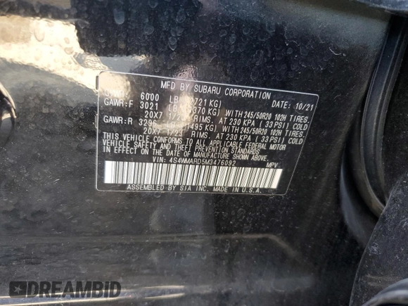 2021 Subaru Ascent Touring with VIN 4S4WMARD5M3476092, listed as a Copart auction lot 54201735 with 50,475 mi miles and Salvage title. Bid and sale history available at DreamBid. Image 12.