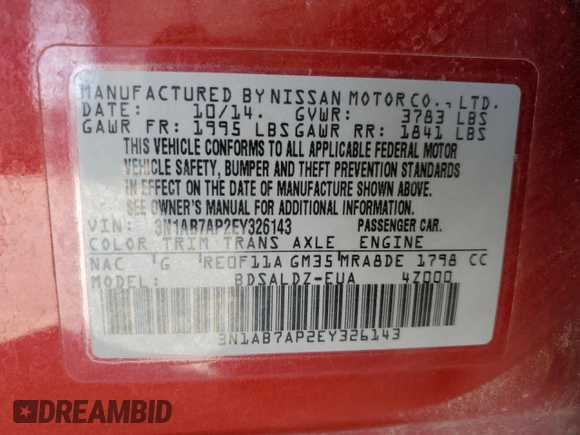 2014 Nissan Sentra SV with VIN 3N1AB7AP2EY326143, listed as a Copart auction lot 51165885 with 153,491 mi miles and Salvage Title. Bid and sale history available at DreamBid. Image 14.