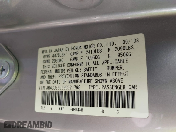 2009 Acura TSX with VIN JH4CU26659C021798, listed as a IAAI auction lot 42565155 with 196,024 mi miles and . Bid and sale history available at DreamBid. Image 9.