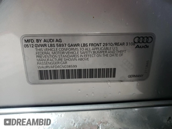 2012 Audi A8 z VIN WAURVAFD4CN038599, wystawiony jako Copart lot #59554025 z przebiegiem 93 334 mil mil oraz Szkoda całkowita • Salvage title. Historia ofert i sprzedaży dostępna na DreamBid. Obrazek 12.