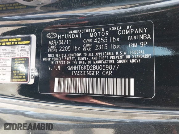 2011 Hyundai Genesis Coupe with VIN KMHHT6KD2BU059877, listed as a IAAI auction lot 42116791 with 88,706 mi miles and . Bid and sale history available at DreamBid. Image 9.