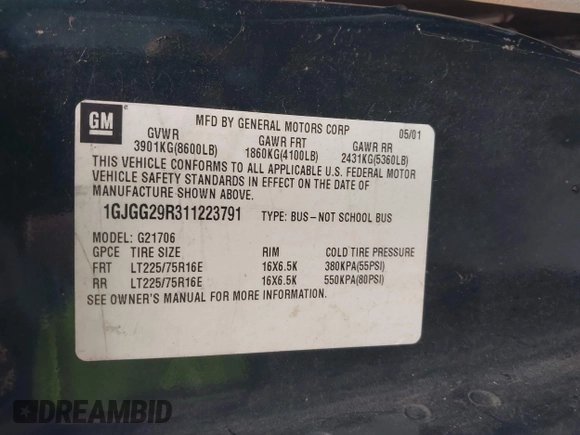 2001 GMC Savana z VIN 1GJGG29R311223791, wystawiony jako IAAI lot #41531575 z przebiegiem 213 418 mil mil oraz . Historia ofert i sprzedaży dostępna na DreamBid. Obrazek 9.