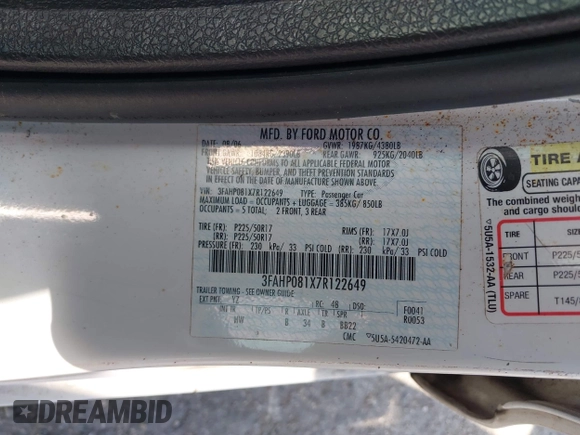 2007 Ford Fusion SEL with VIN 3FAHP081X7R122649, listed as a IAAI auction lot 42095537 with 161,837 mi miles. Bid and sale history available at carsss.com. Image 9.