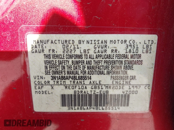 2011 Nissan Sentra SR with VIN 3N1AB6AP4BL685514, listed as a IAAI auction lot 41974009 with 146,567 mi miles and . Bid and sale history available at DreamBid. Image 9.