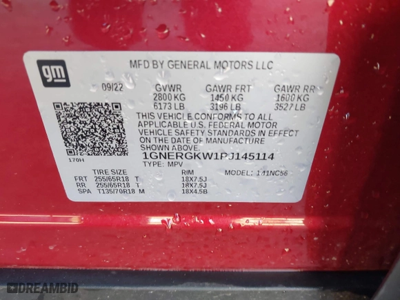2023 Chevrolet Traverse LT Cloth with VIN 1GNERGKW1PJ145114, listed as a IAAI auction lot 41162092 with 49,563 mi miles. Bid and sale history available at carsss.com. Image 9.