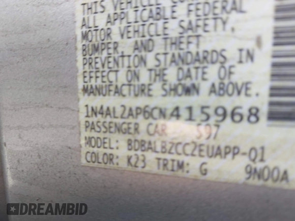 2012 Nissan Altima 2.5 with VIN 1N4AL2AP6CN415968, listed as a IAAI auction lot 42109092 with 165,136 mi miles and . Bid and sale history available at DreamBid. Image 9.