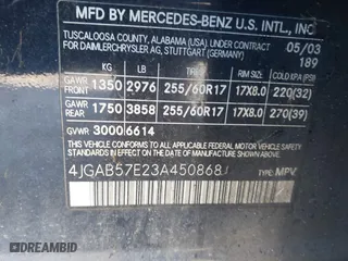 2003 Mercedes-Benz M-Class 3.7L with VIN 4JGAB57E23A450868, listed as a IAAI auction lot 41983681 with 125,468 mi miles. Bid and sale history available at carsss.com. Image 9.