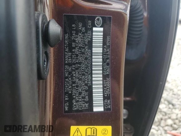 2017 Lexus ES with VIN 58ABK1GG4HU037959, listed as a Copart auction lot 53280735 with 0 mi miles and Salvage Title. Bid and sale history available at carsss.com. Image 12.