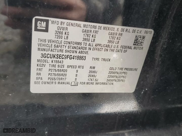 2015 Chevrolet Silverado 1500 LTZ with VIN 3GCUKSEC9FG418863, listed as a Copart auction lot 45115165 with 140,398 mi miles and Salvage Title. Bid and sale history available at carsss.com. Image 12.
