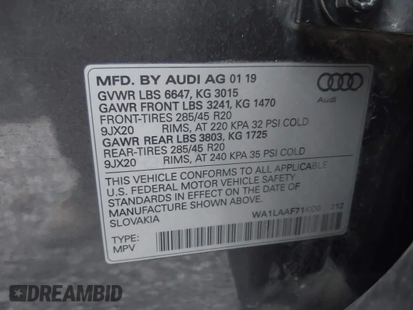 2019 Audi Q7 Premium Plus with VIN WA1LAAF71KD029212, listed as a IAAI auction lot 41489329 with 80,246 mi miles and . Bid and sale history available at DreamBid. Image 9.