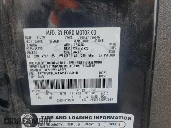 2010 Ford F-150 XL with VIN 1FTFW1EV1AKB33018, listed as a Copart auction lot 54377785 with 160,695 mi miles and Salvage title. Bid and sale history available at DreamBid. Image 12.