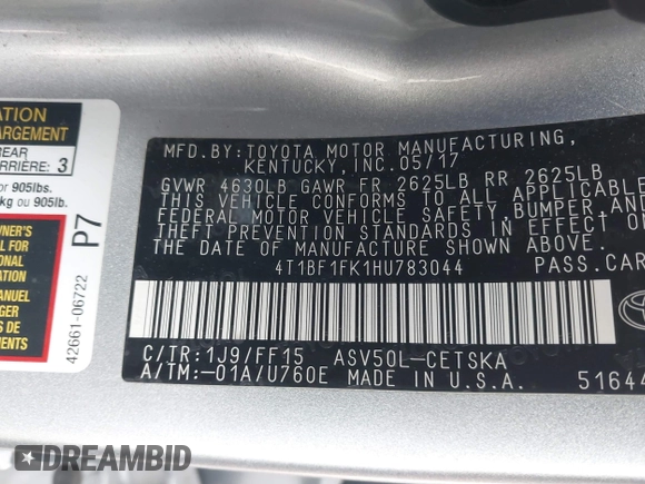 2017 Toyota Camry XLE with VIN 4T1BF1FK1HU783044, listed as a IAAI auction lot 42006364 with 82,564 mi miles. Bid and sale history available at carsss.com. Image 9.