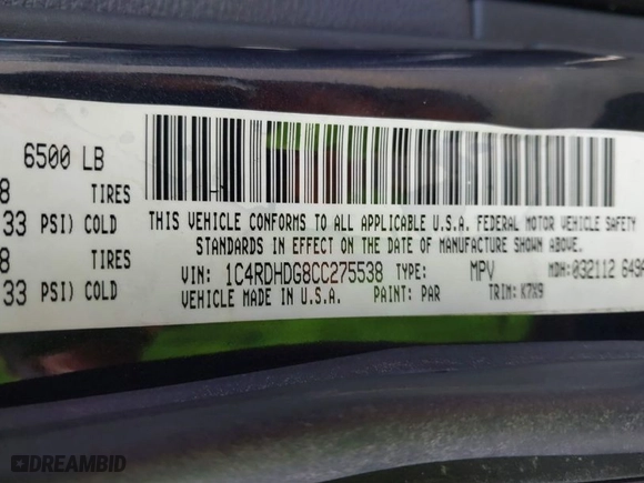 2012 Dodge Durango Crew with VIN 1C4RDHDG8CC275538, listed as a IAAI auction lot 41673679 with 192,565 mi miles. Bid and sale history available at carsss.com. Image 9.