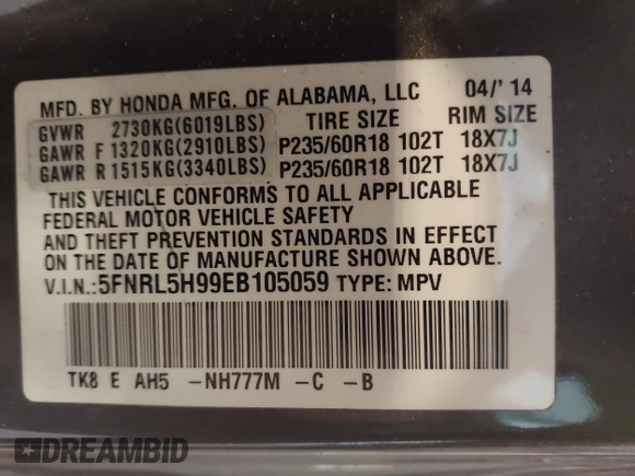 2014 Honda Odyssey Touring with VIN 5FNRL5H99EB105059, listed as a IAAI auction lot 42457672 with 240,581 mi miles and . Bid and sale history available at DreamBid. Image 9.