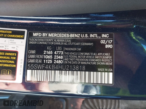 2017 Mercedes-Benz C 300 with VIN 55SWF4KB4HU213818, listed as a IAAI auction lot 41656649 with 208,589 mi miles and . Bid and sale history available at DreamBid. Image 9.